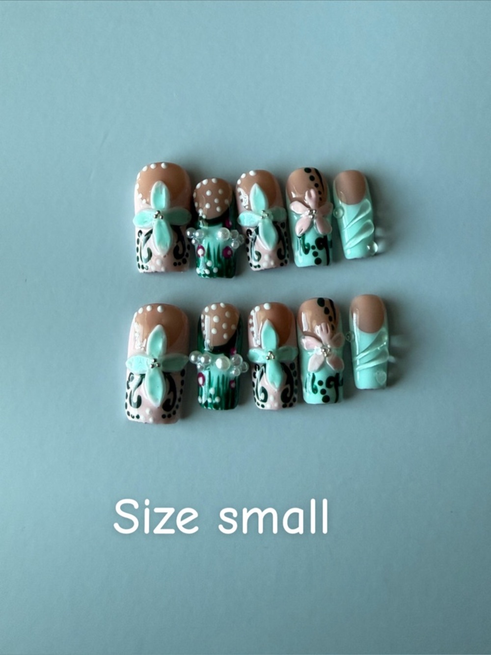 Hand-Painted Small Pet Nail Set in Mint and Nude